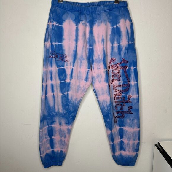 Von Dutch SET Blue Pink Tie Dye Red Rhinestone Logo Oversize Hoodie & Pants - Picture 10 of 16